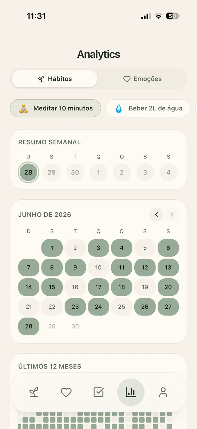 Tela de Analytics do Habitfy com calendário de consistência dos hábitos