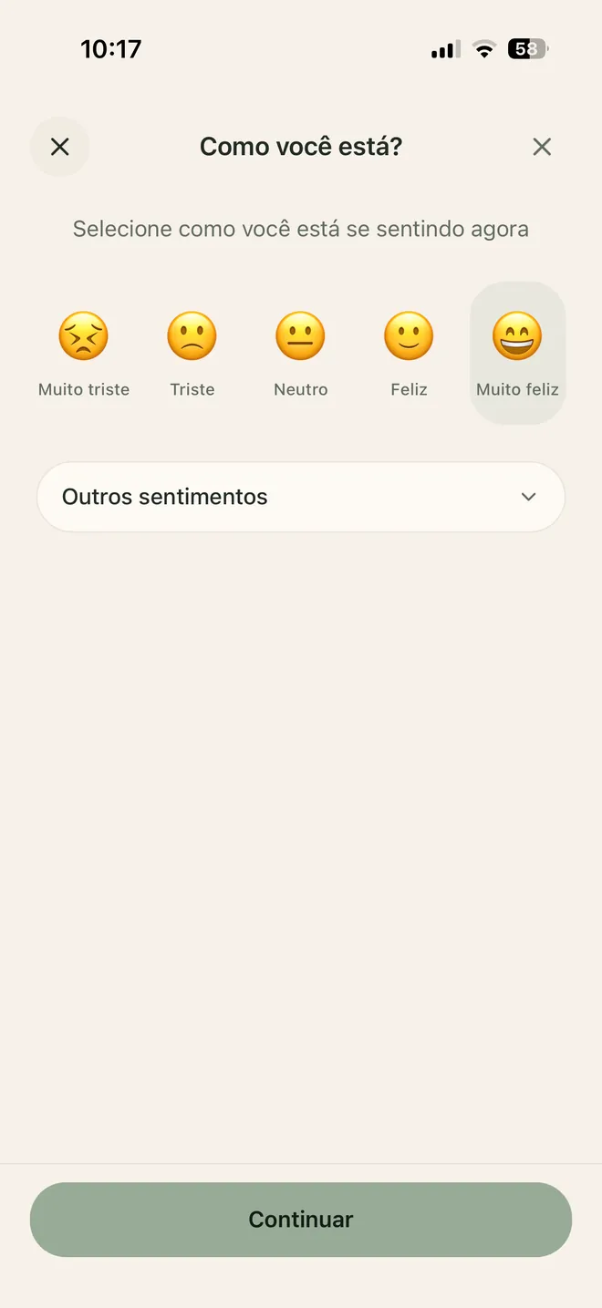 Tela de registro de emoções do Habitfy com seleção de como você está se sentindo