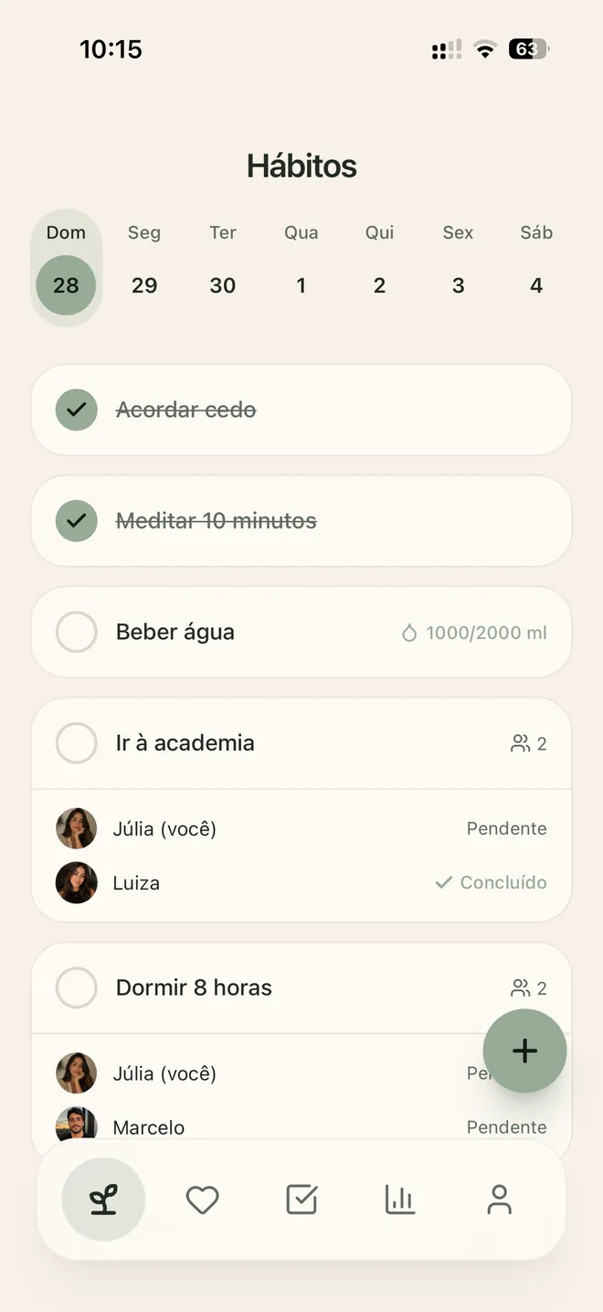 Tela de hábitos do app Habitfy mostrando a lista de hábitos do dia com check de conclusão